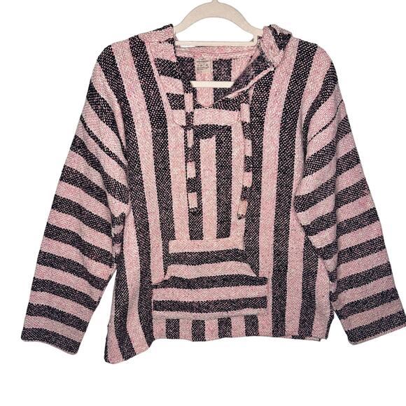Womans Sandy pink/black striped hooded Baja sweater w/pouch pocket size Large - Picture 1 of 7